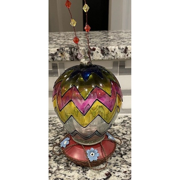 Spring Shop Other - Hot Air Balloon Blown Glass Hummingbird Feeder Ceramic Base Geometric Rainbow